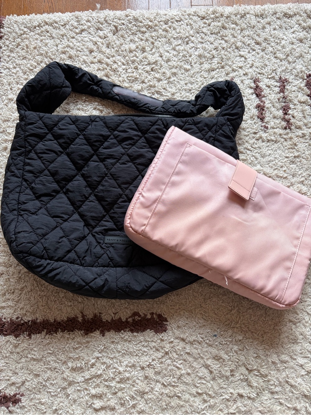 Poppy & Peonies Black Quilted Shoulder Bag with Pink Organizer